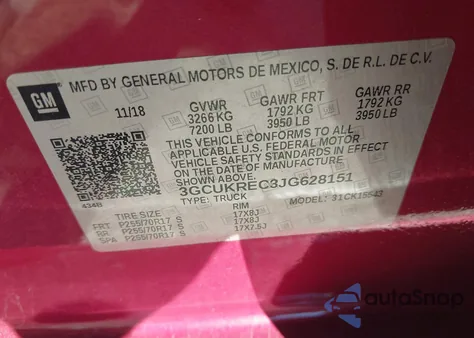 2018 Chevrolet Silverado 1500 1Lt z USA, uszkodzony, nr VIN 3GCUKREC3JG628151